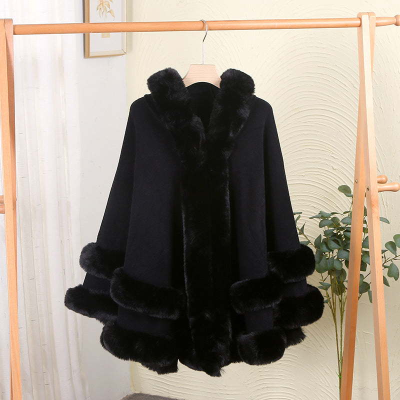 Loose Fur Collar Shawl, Cold-proof Fleece-lined Thick Coat