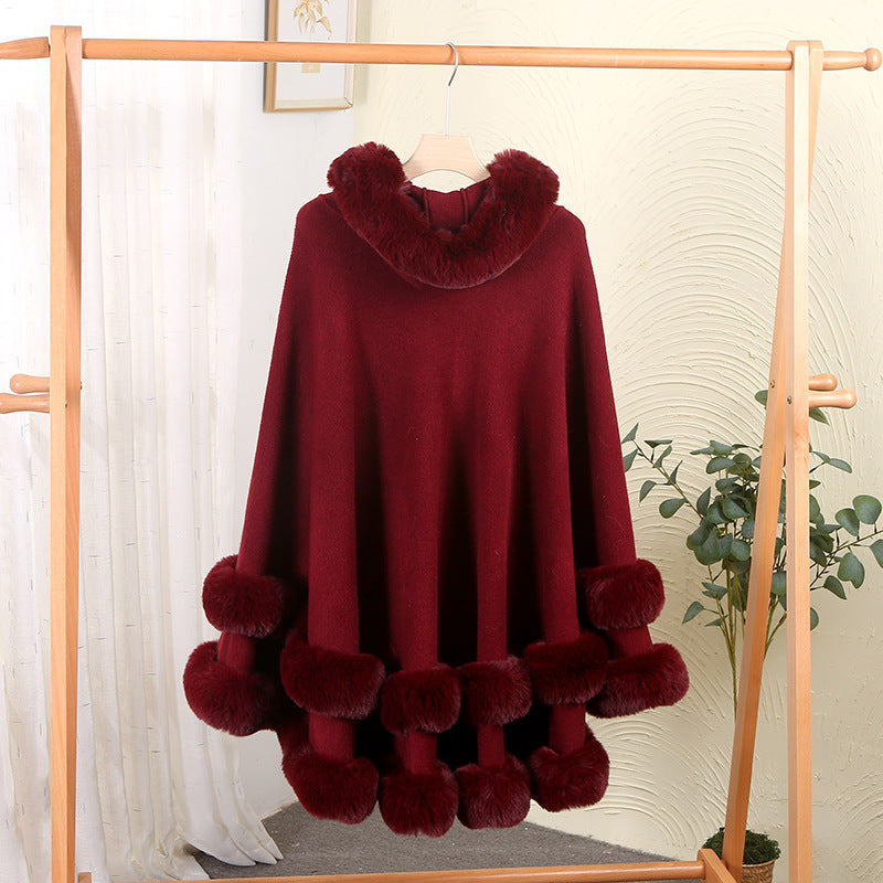 Loose Fur Collar Shawl, Cold-proof Fleece-lined Thick Coat