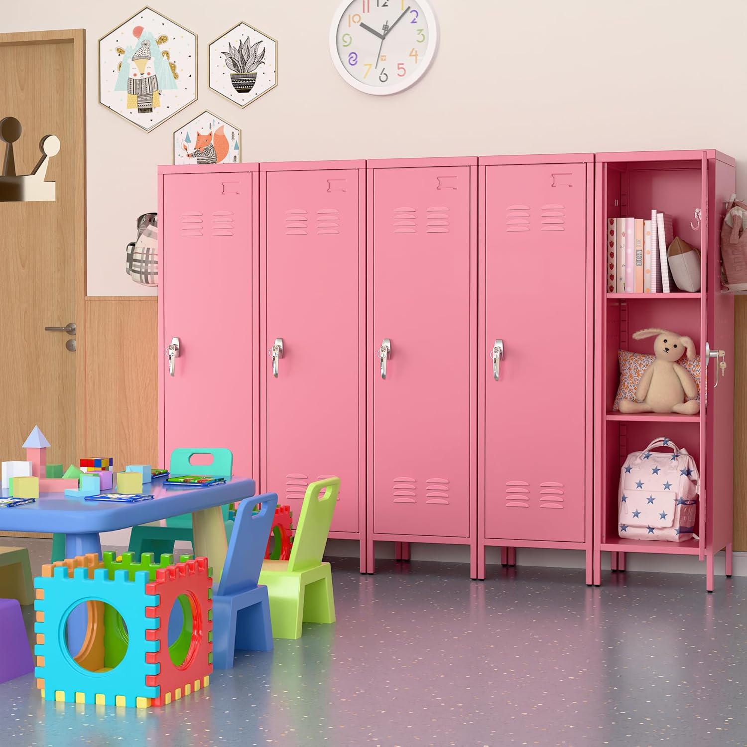 Aobabo Metal Metal Storage Locker For Employees, Lockable 1 Door With Towel Rack And 2 Side Pegboards With Hooks For School Office Gym Home, Assembly Required Pink