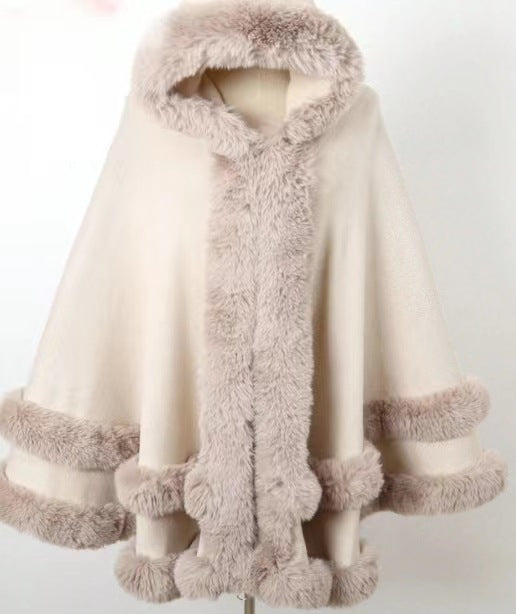 Loose Fur Collar Shawl, Cold-proof Fleece-lined Thick Coat
