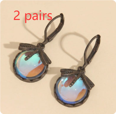Vintage Dragonfly Earrings Fashion Gold Color Metal Carving Pattern Inlaid Multicolour Moonstone Drop Earrings For Women