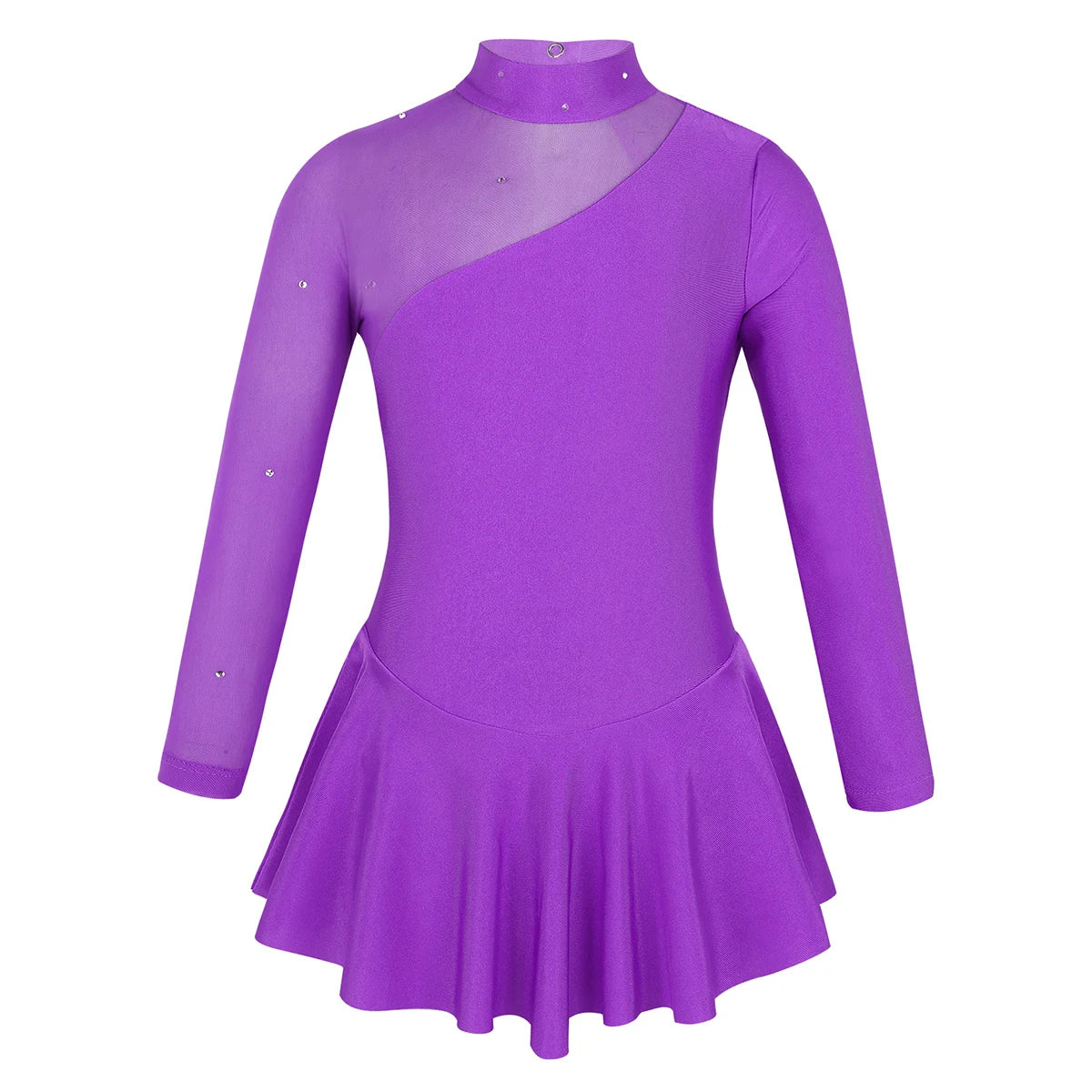 Kids Girls Professional Rhythmic Gymnastics Leotard Long Sleeves Tulle Splice Cutouts Girls Figure Ice Skating Competition Dress