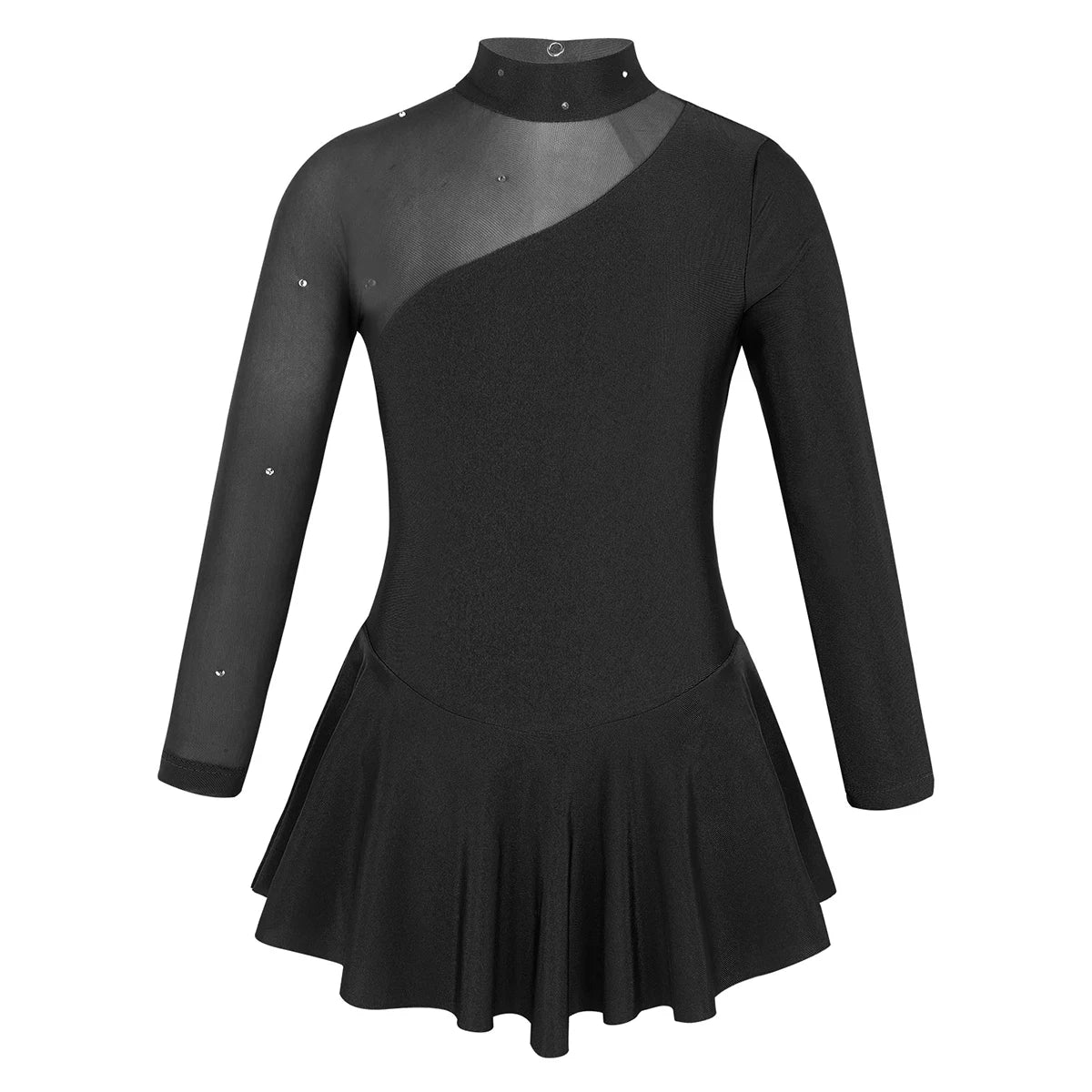 Kids Girls Professional Rhythmic Gymnastics Leotard Long Sleeves Tulle Splice Cutouts Girls Figure Ice Skating Competition Dress