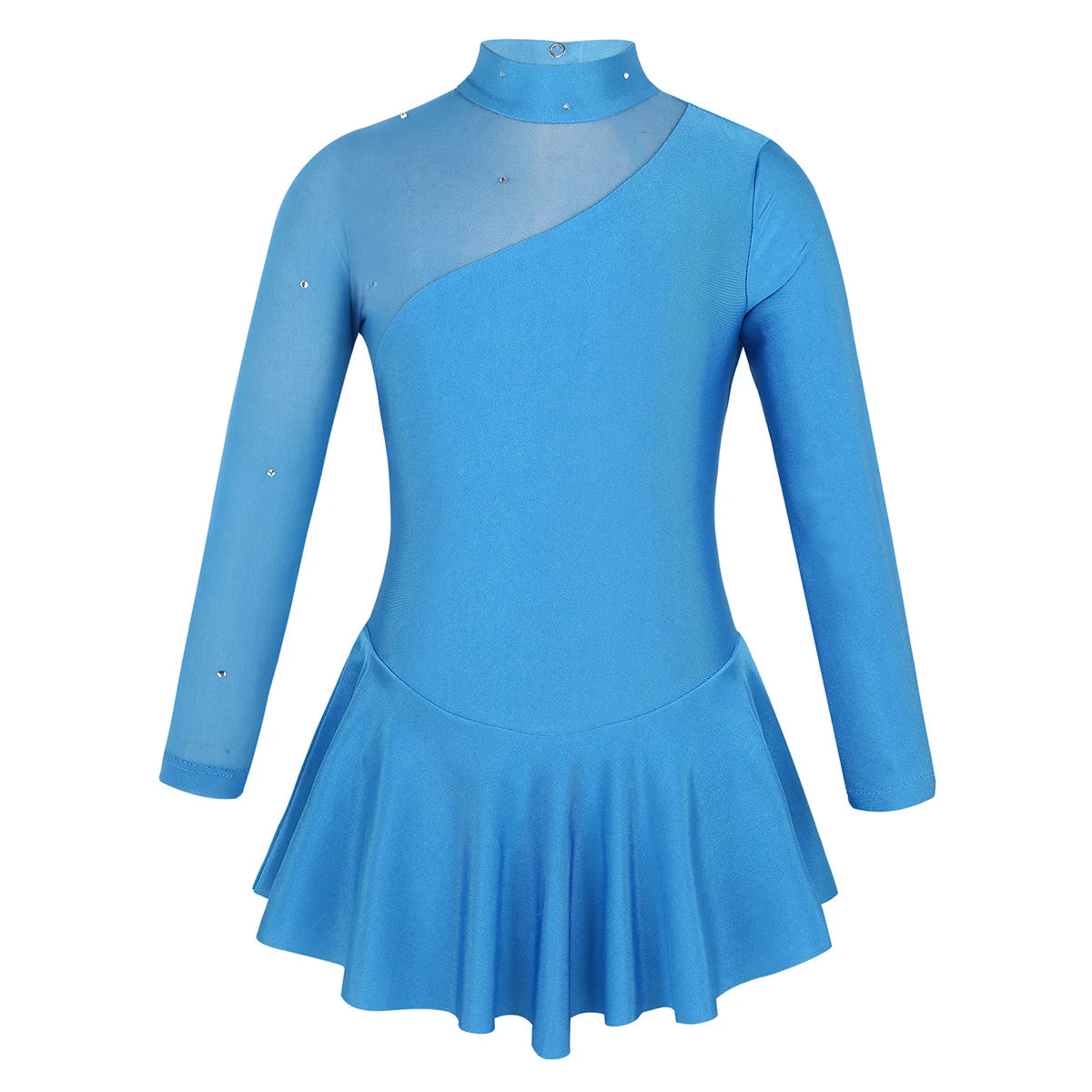 Kids Girls Professional Rhythmic Gymnastics Leotard Long Sleeves Tulle Splice Cutouts Girls Figure Ice Skating Competition Dress