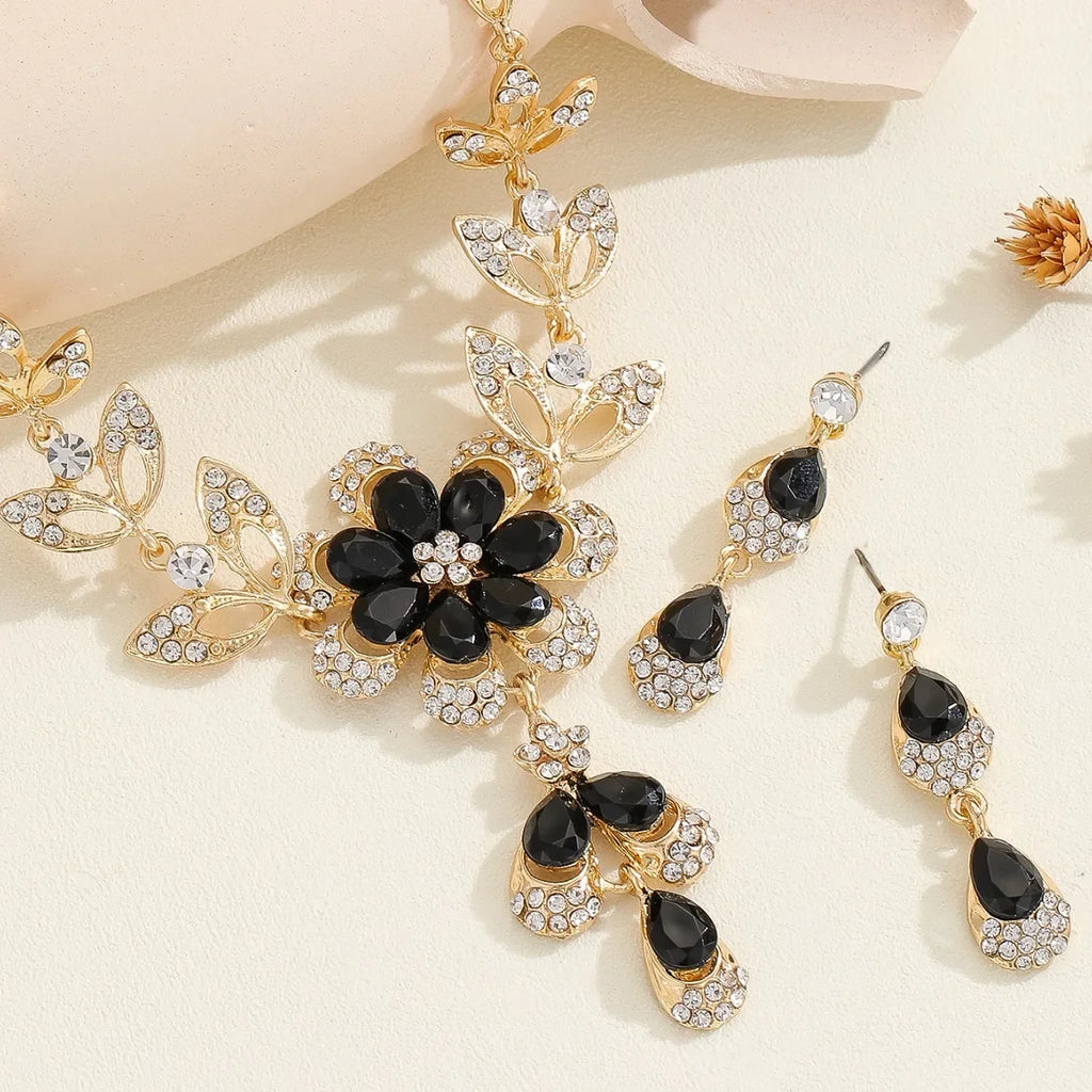 3 Pcs Fashion Jewelry Set Luxurious Rhinestone Crystal Flower Earrings Elegant Women's Banquet Wedding Accessories Necklace Set