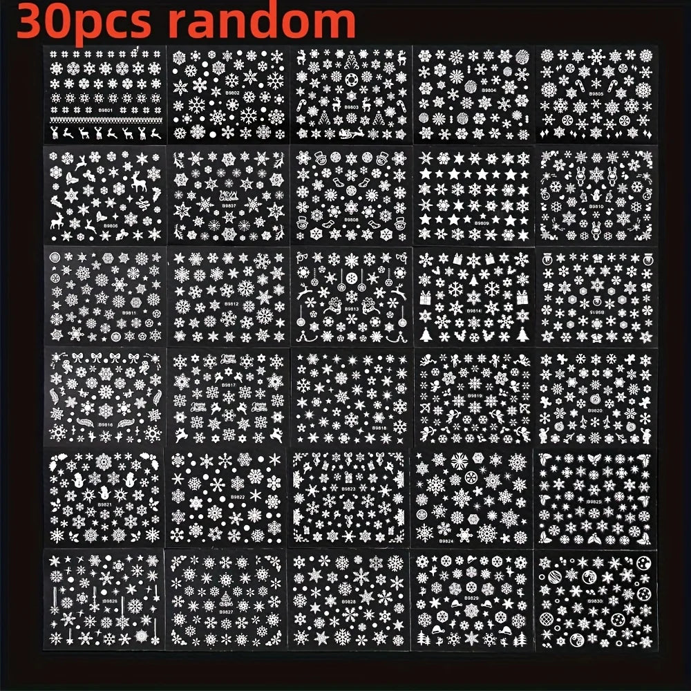 30pcs Sheets Christmas 3D Nail Art Stickers Decals Nail Art Supplies for Women And s - Self-Adhesive Cartoon Snowflake Snowman