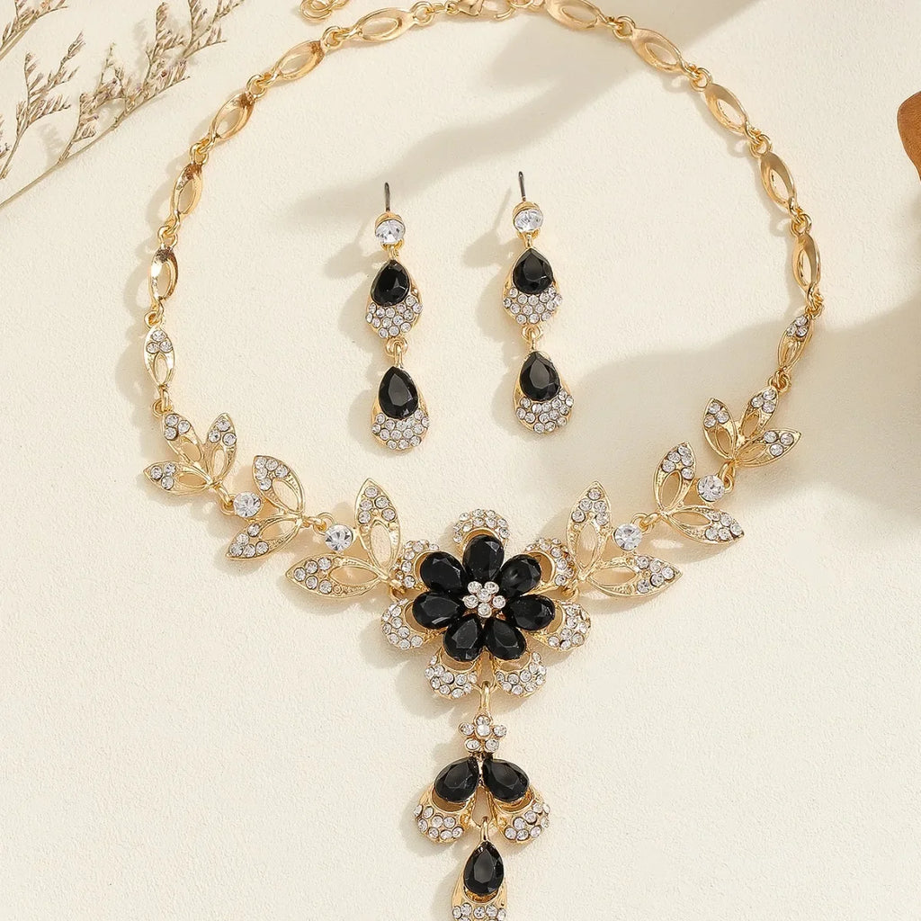 3 Pcs Fashion Jewelry Set Luxurious Rhinestone Crystal Flower Earrings Elegant Women's Banquet Wedding Accessories Necklace Set