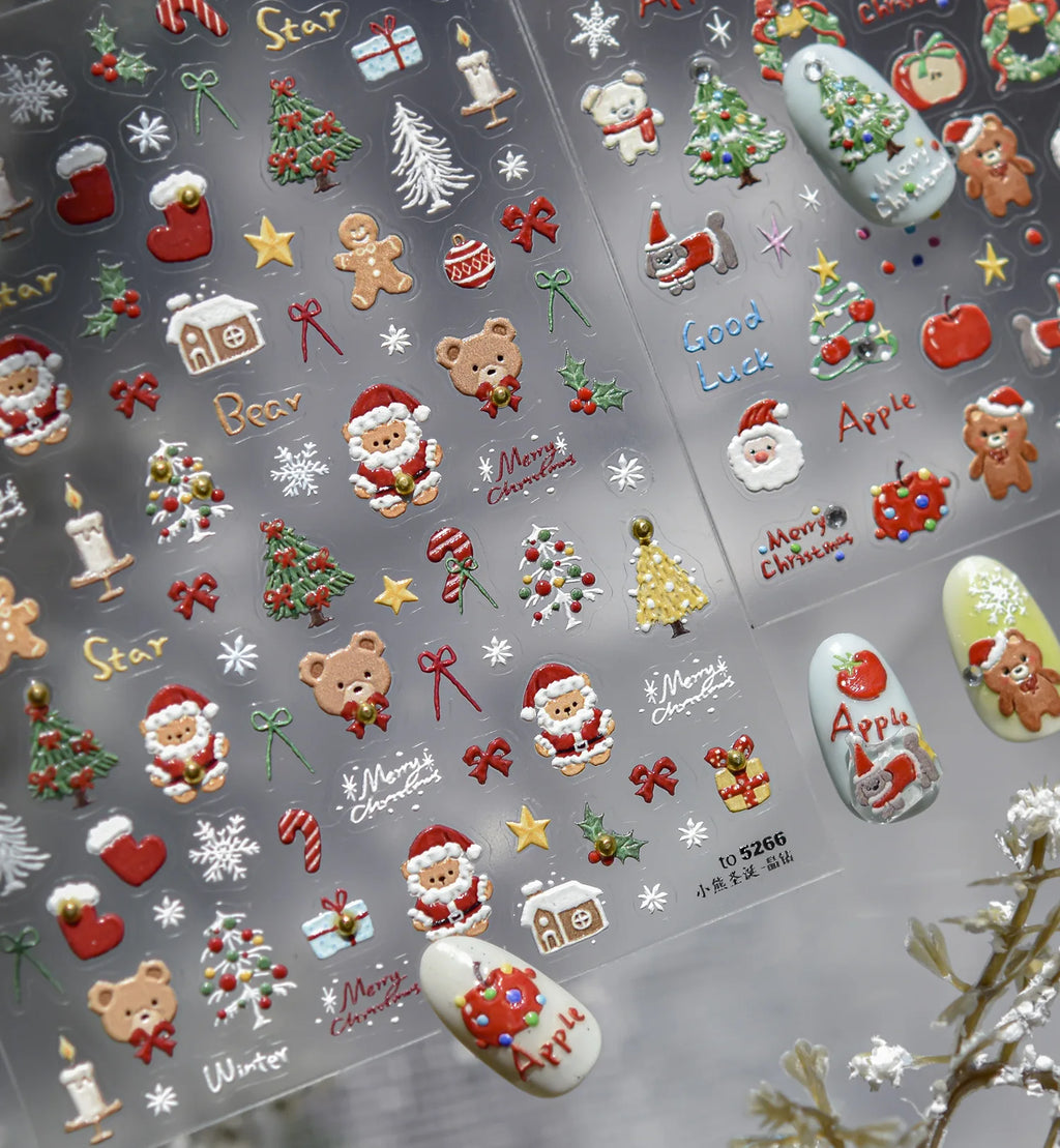Christmas Nail Stickers Luxury Crystal Diamond Cartoon Bear Tree Apple Back Glue Nail Art Stickers DIY New 3D Nails Decorations