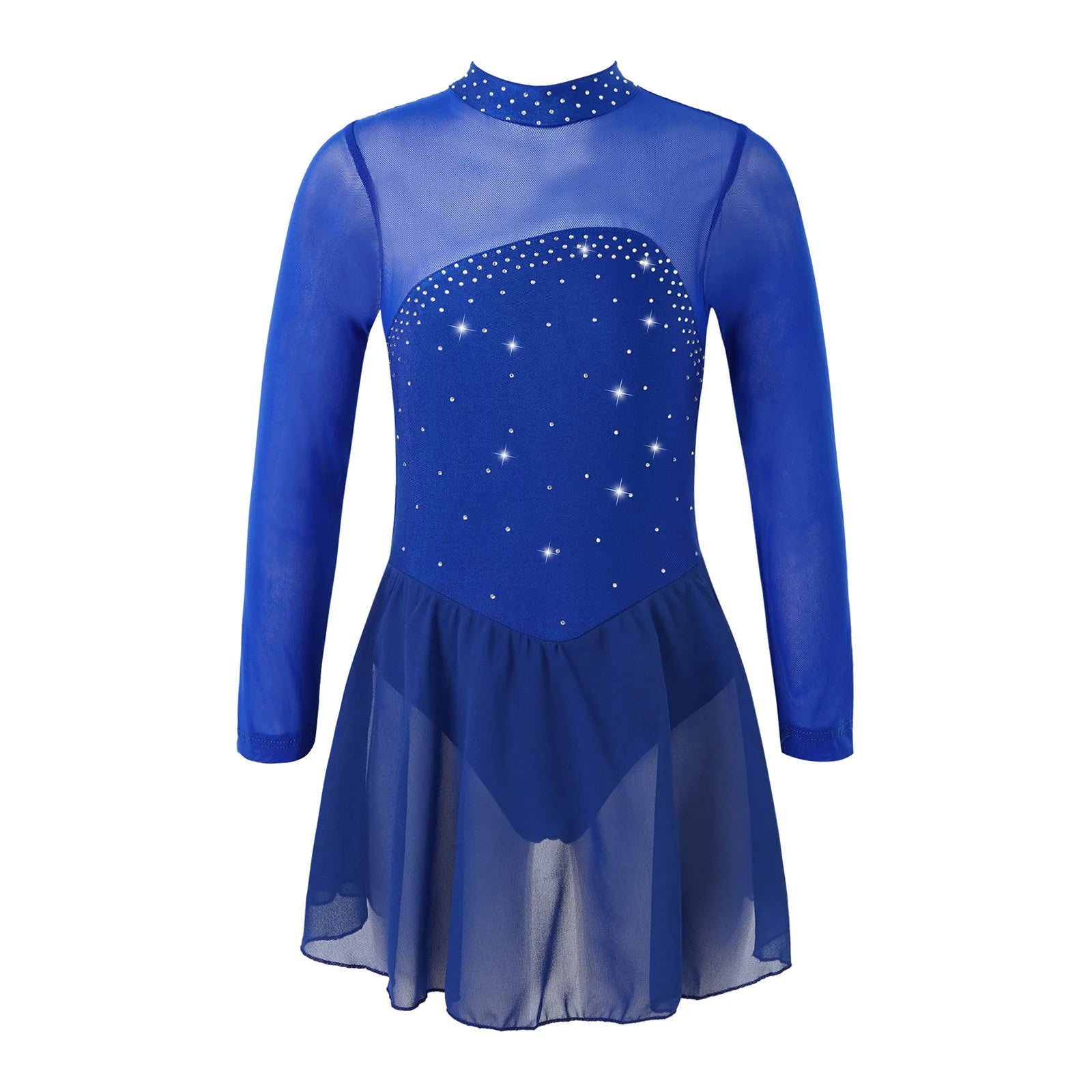 Kids Girls Professional Rhythmic Gymnastics Leotard Long Sleeves Tulle Splice Cutouts Girls Figure Ice Skating Competition Dress