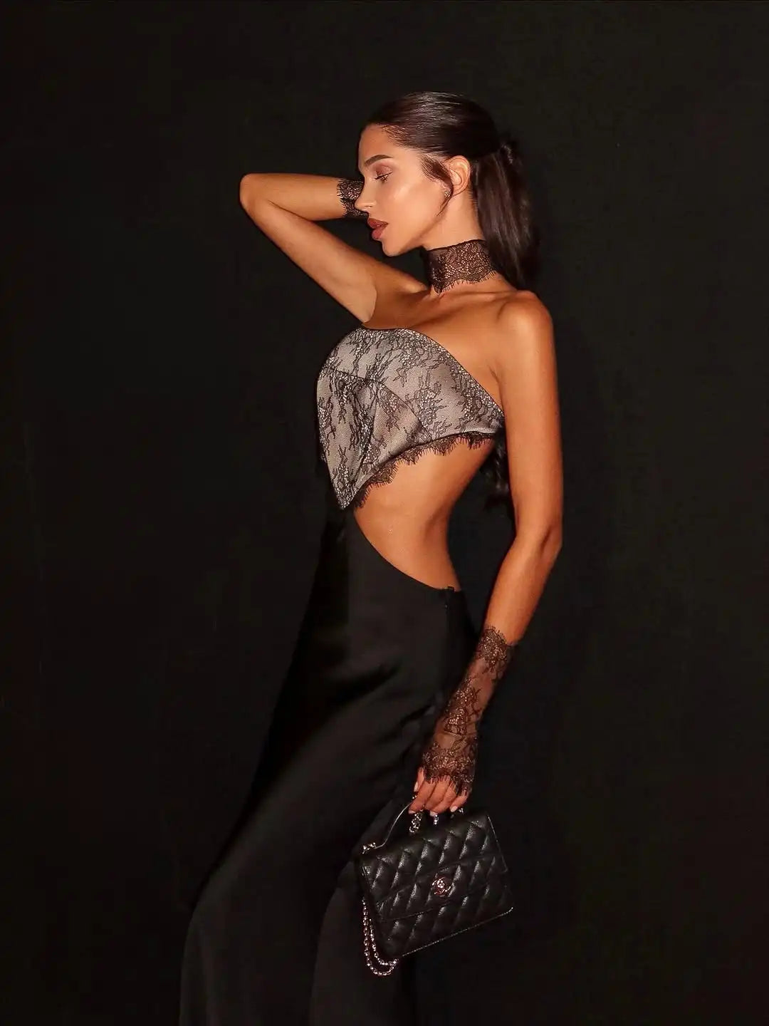 Black Lace Patchwork Satin Backless Dress Women Sexy Strapless Off Shoulder Maxi Fishtail Dresses 2025 Lady Chic Party Vestidos