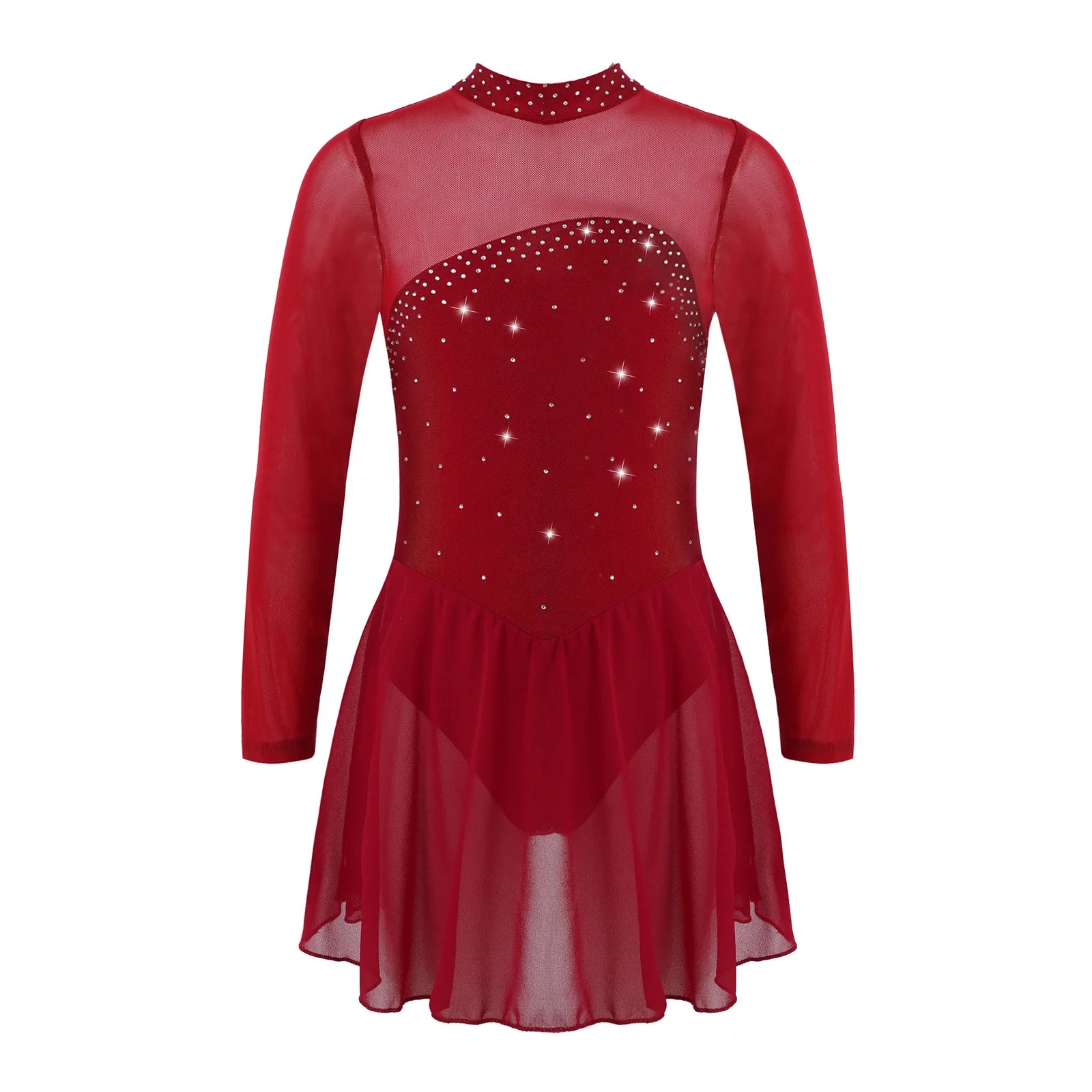Kids Girls Professional Rhythmic Gymnastics Leotard Long Sleeves Tulle Splice Cutouts Girls Figure Ice Skating Competition Dress