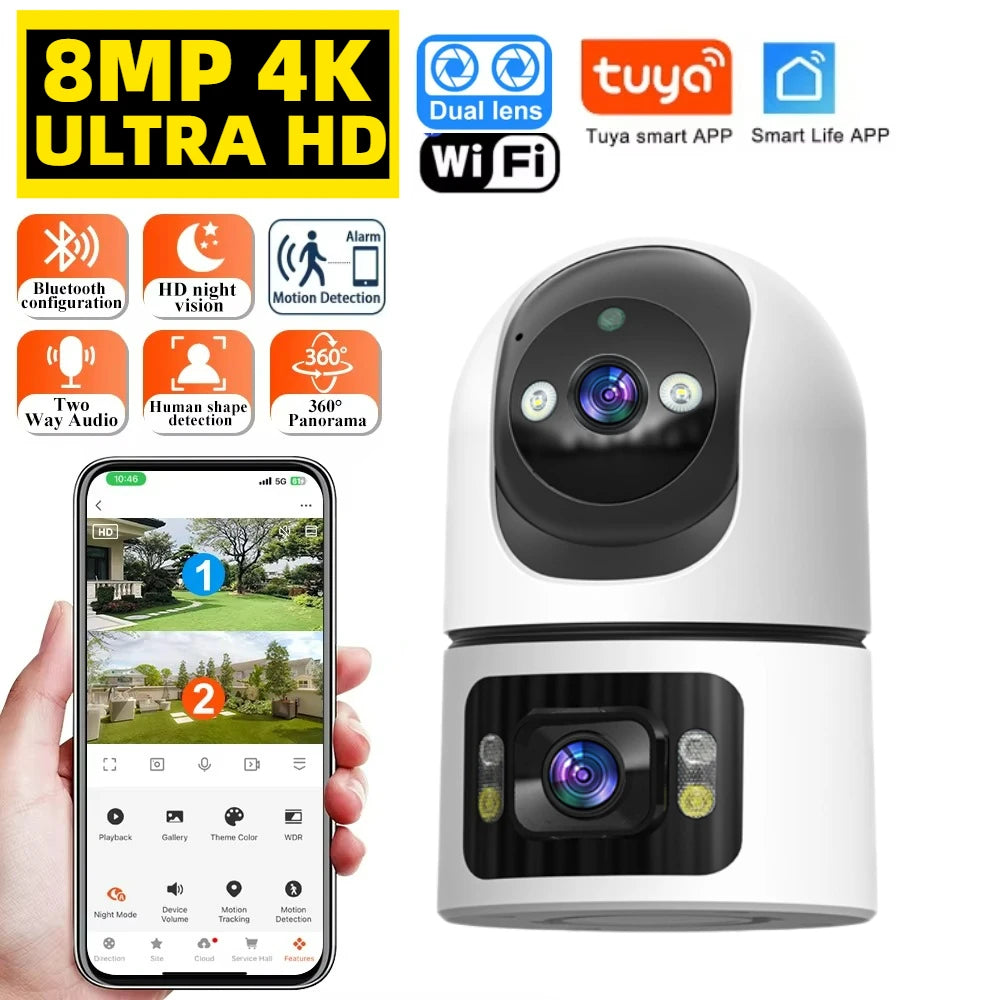 4K 8MP Tuya WiFi Indoor Smart Camera UHD Dual Screen Lens Infrared Night Vision Motion Detection Auto Track Two-Way Audio Tuya