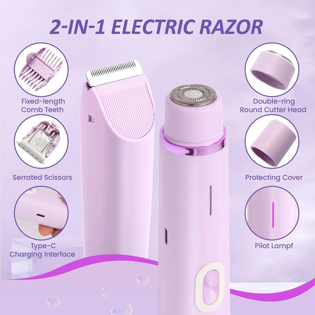 Electric Razors for Women 2 in 1 Electric Shaver for Pubic Hair Trimmer IPX7 Waterproof Wet&Dry Use Bikini Shaver for Body