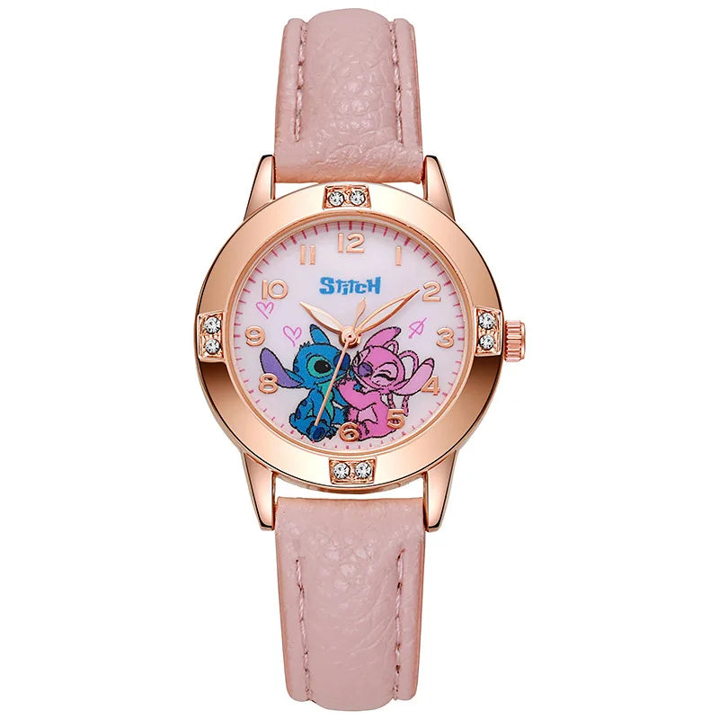 Fashion Cartoon Pattern Stitch Girls Watches Kids Leather Strap Children Watch with Rhinestone Dial reloj stich Exquisite Gift