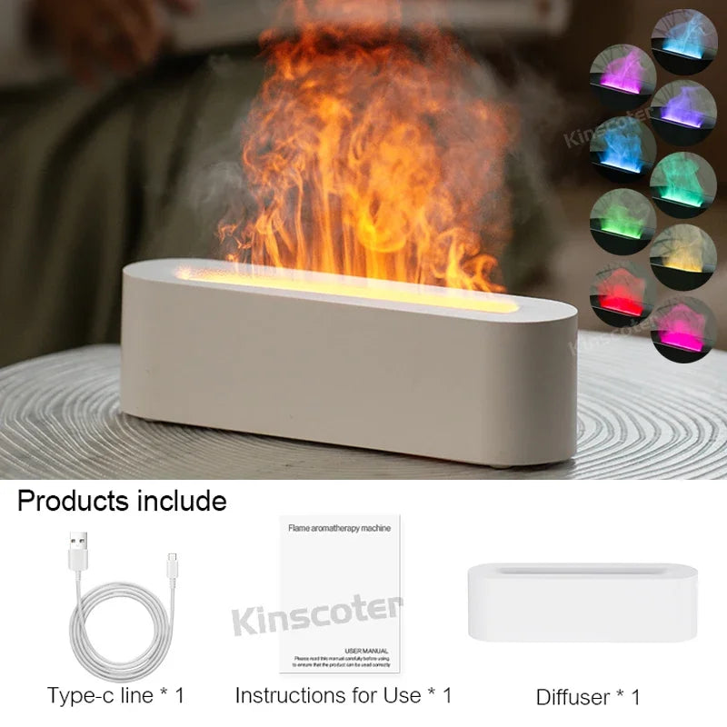Essential Oil Aroma Diffuser, Flame Air Humidifier, Ultrasonic Fresh Mist, Diffuser with Realistic Fire RGB, Night Light
