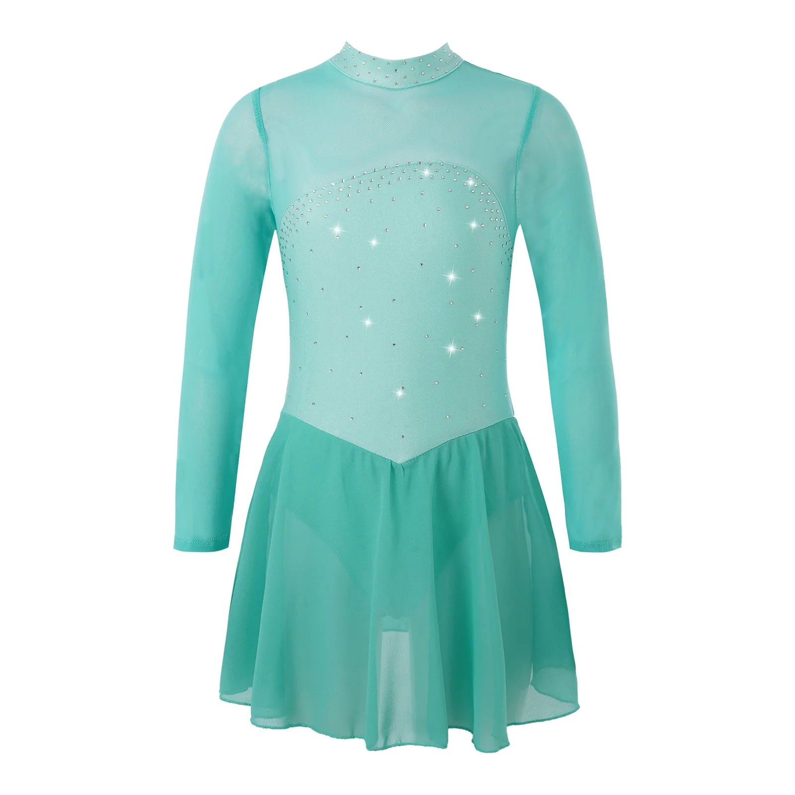 Kids Girls Professional Rhythmic Gymnastics Leotard Long Sleeves Tulle Splice Cutouts Girls Figure Ice Skating Competition Dress