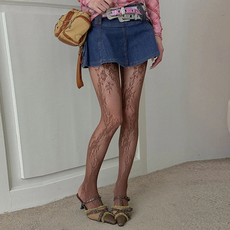 Cute Lolita Tights Women Sexy Lace Floral Thigh High Stockings Pantyhose Lingerie Hosiery Mesh Fishnet Stockings Women Tights