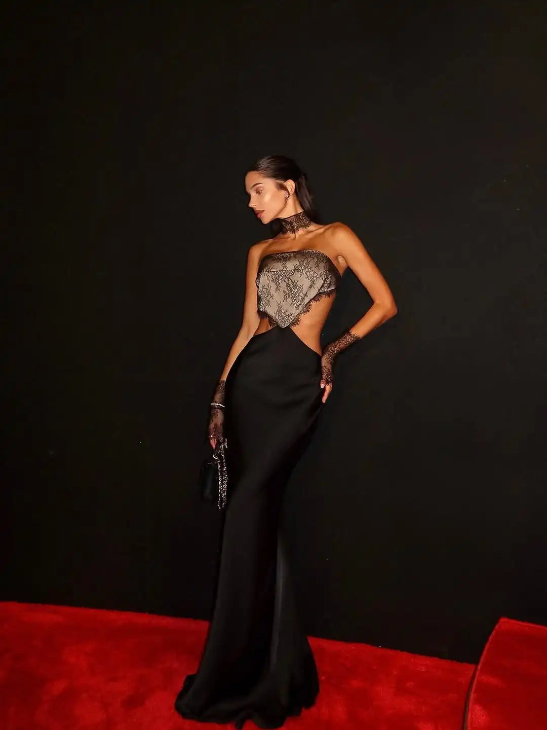 Black Lace Patchwork Satin Backless Dress Women Sexy Strapless Off Shoulder Maxi Fishtail Dresses 2025 Lady Chic Party Vestidos
