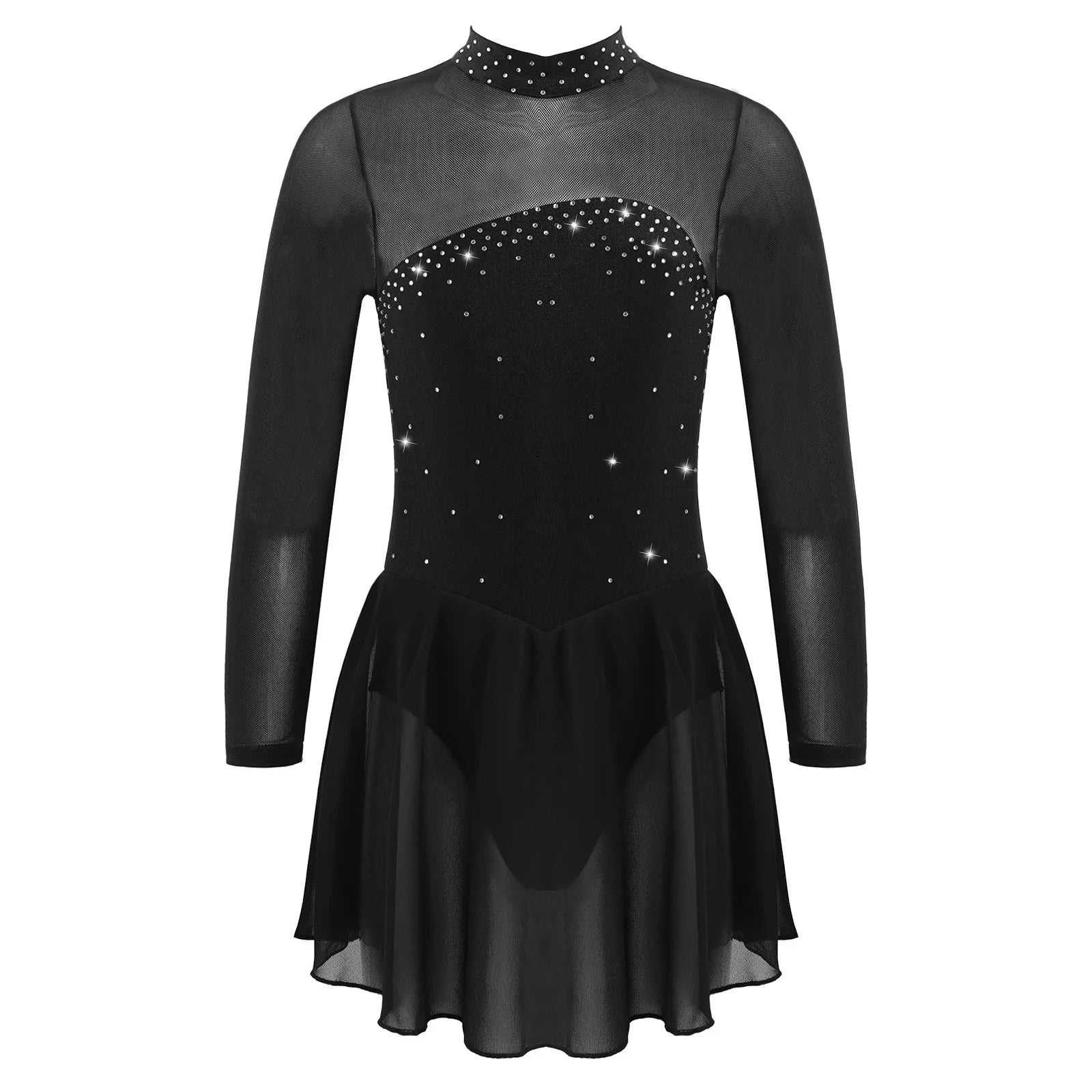 Kids Girls Professional Rhythmic Gymnastics Leotard Long Sleeves Tulle Splice Cutouts Girls Figure Ice Skating Competition Dress