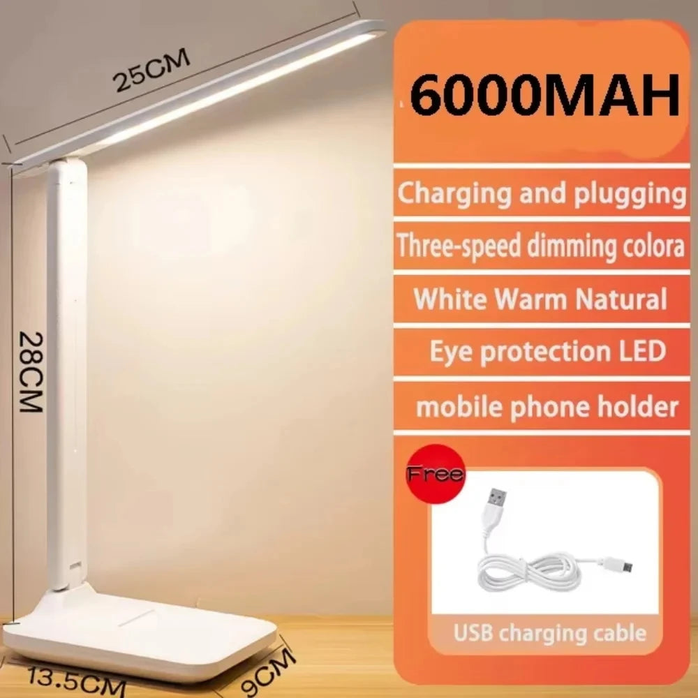 6000mAh LED Table Lamp USB Chargeable 3-Color Stepless Dimmable Desk Lamp Touch Foldable Eye Protection Reading Night Light