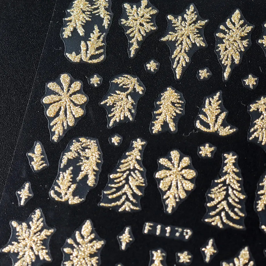 2PCS Golden Glitter Leaf Nail Art Stickers Shinny Christmas Trees Snowflake Sliders Japanese Winter Y2K Leaves Manicure Decor