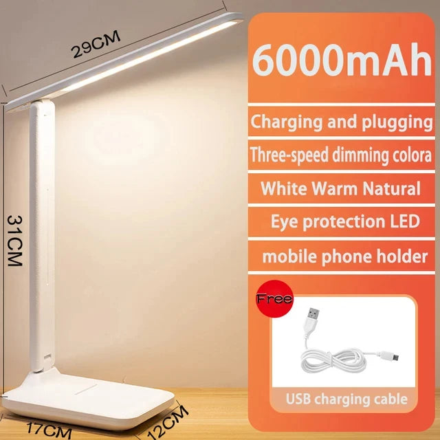 6000mAh LED Table Lamp USB Chargeable 3-Color Stepless Dimmable Desk Lamp Touch Foldable Eye Protection Reading Night Light