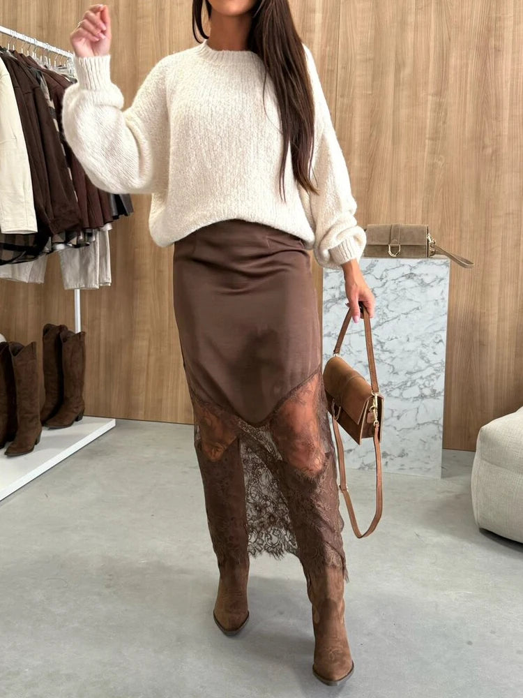 Sexy Lace Patchwork Long Skirt Women Elegant Fashion Solid Waist Cinched Mid-length Bottom Lady 2025 Party Daily Street Skirts