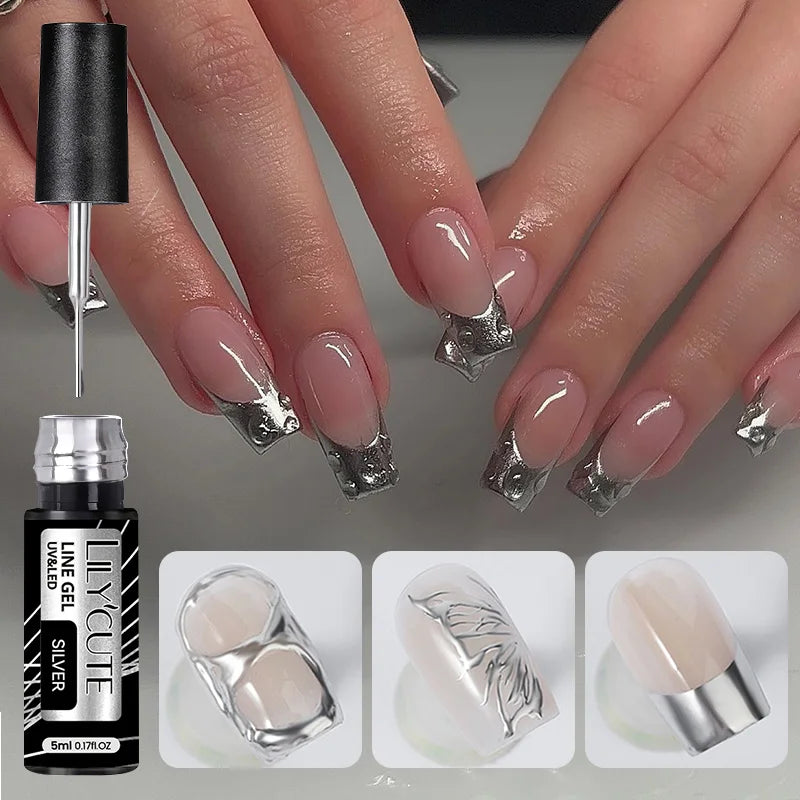 LILYCUTE  5ml Gold Sliver Metallic Liner Gel Nail Polish French Style Super Bright Mirror Pull Line Graffiti Painting Stripe Gel