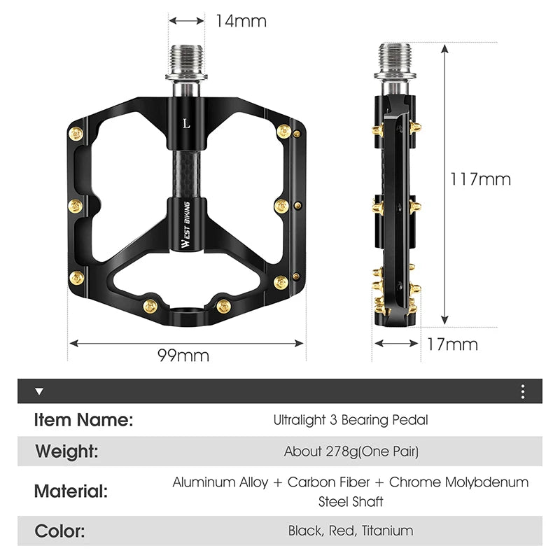 WEST BIKING 3 Bearings Bicycle Pedals Ultralight BMX MTB Road Bike Flat Pedal Aluminum Anti-slip Waterproof Cycling Accessories