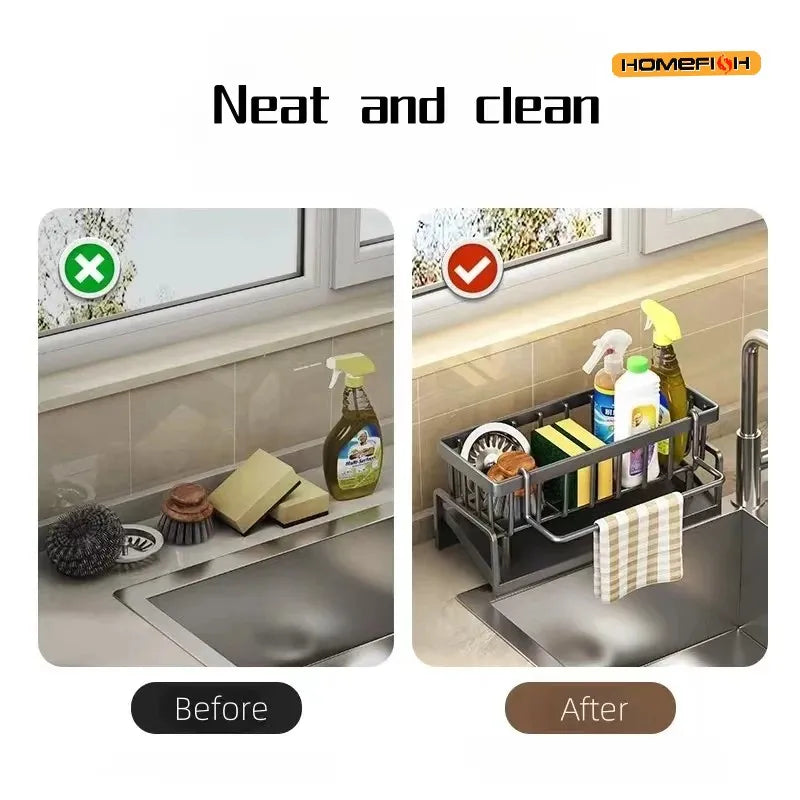 HMJ2  Multi Functional Kitchen Sponge Rack Drain Water Place Dish Soap Organize Rags Capacity Countertop And Store Items