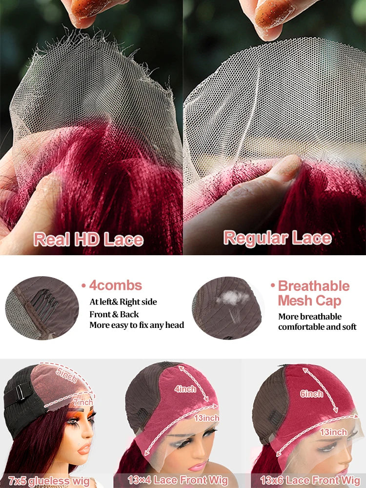 Burgundy Transparent Lace Frontal Human Hair Wig 7x5 Glueless Red 99J Straight Colored 13x4 Lace Front Human Hair Wigs For Women
