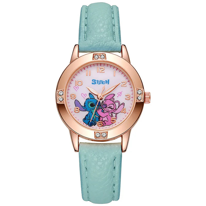 Fashion Cartoon Pattern Stitch Girls Watches Kids Leather Strap Children Watch with Rhinestone Dial reloj stich Exquisite Gift