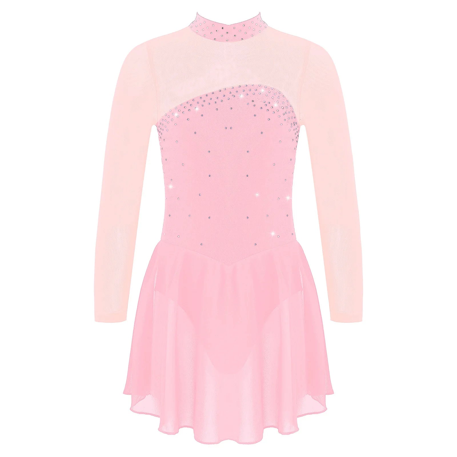 Kids Girls Professional Rhythmic Gymnastics Leotard Long Sleeves Tulle Splice Cutouts Girls Figure Ice Skating Competition Dress