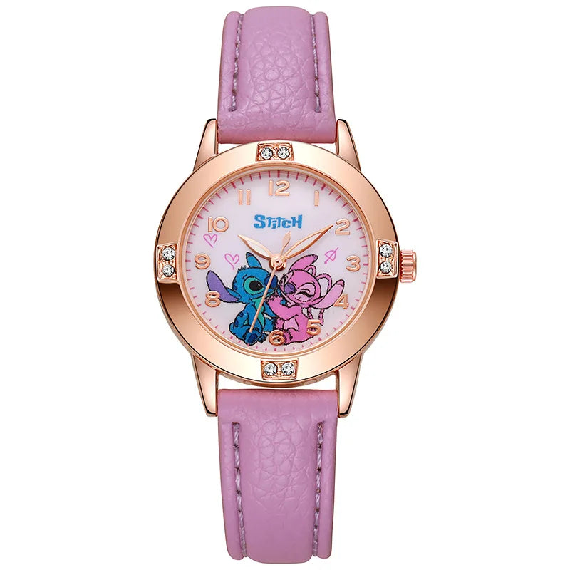 Fashion Cartoon Pattern Stitch Girls Watches Kids Leather Strap Children Watch with Rhinestone Dial reloj stich Exquisite Gift