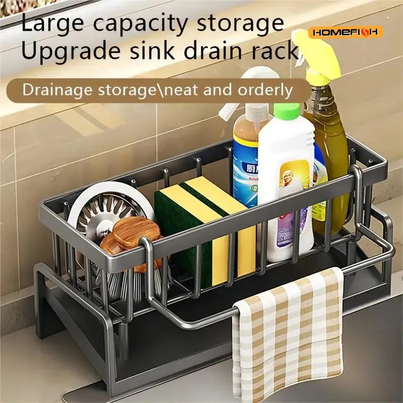 HMJ2  Multi Functional Kitchen Sponge Rack Drain Water Place Dish Soap Organize Rags Capacity Countertop And Store Items