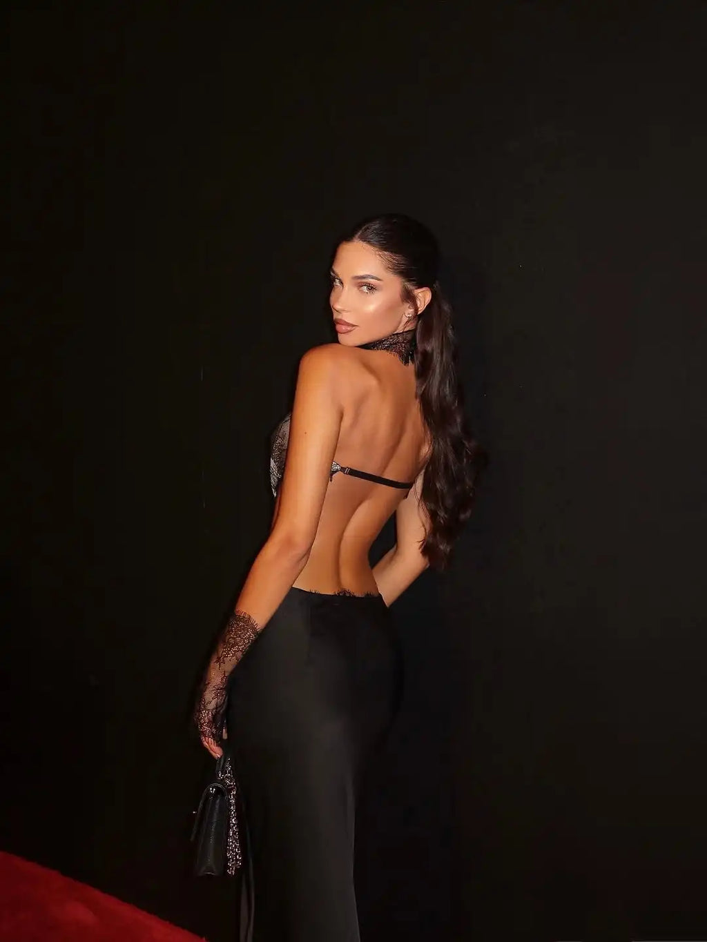 Black Lace Patchwork Satin Backless Dress Women Sexy Strapless Off Shoulder Maxi Fishtail Dresses 2025 Lady Chic Party Vestidos