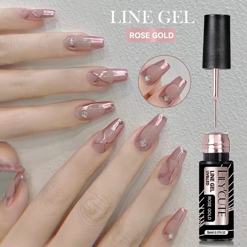 LILYCUTE  5ml Gold Sliver Metallic Liner Gel Nail Polish French Style Super Bright Mirror Pull Line Graffiti Painting Stripe Gel