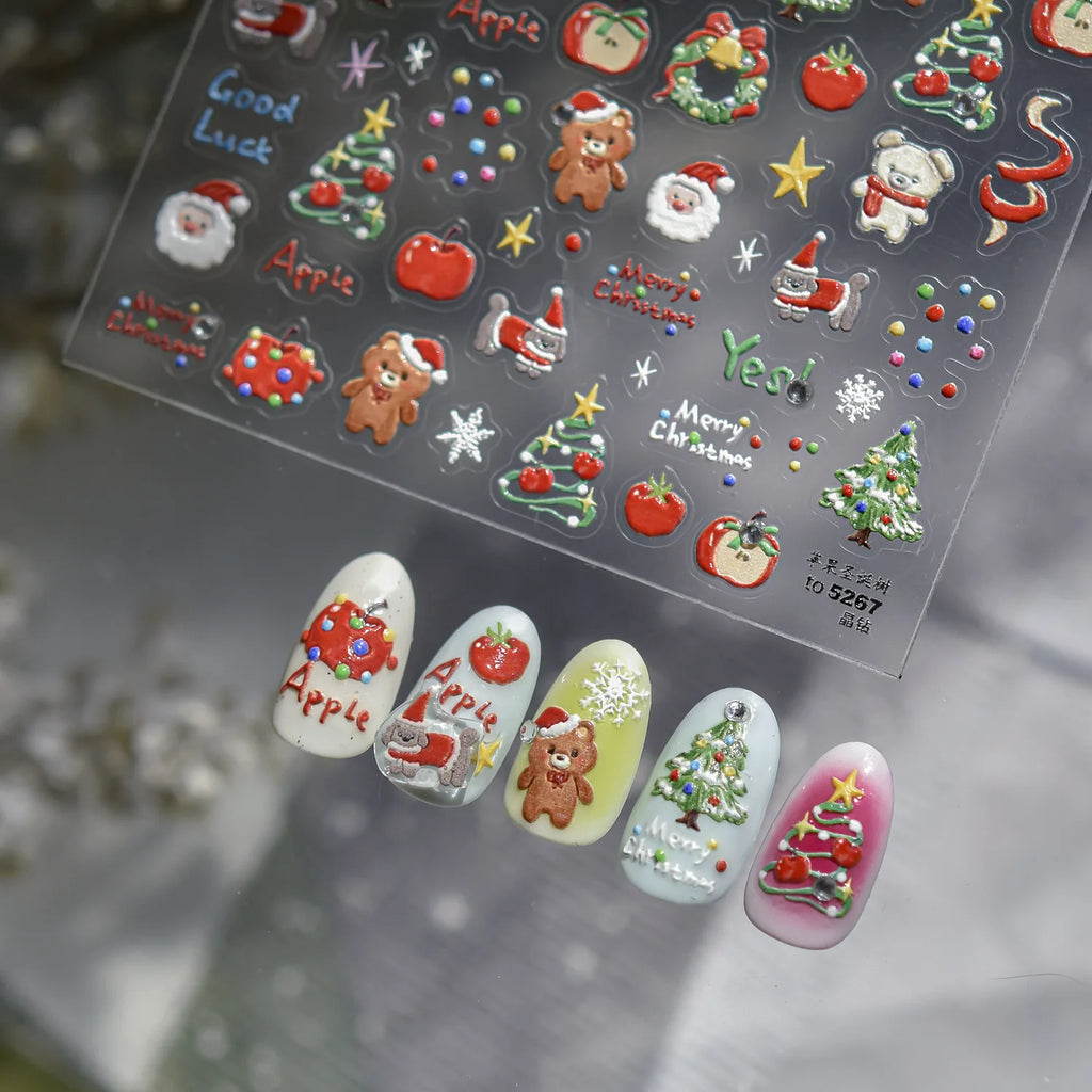 Christmas Nail Stickers Luxury Crystal Diamond Cartoon Bear Tree Apple Back Glue Nail Art Stickers DIY New 3D Nails Decorations