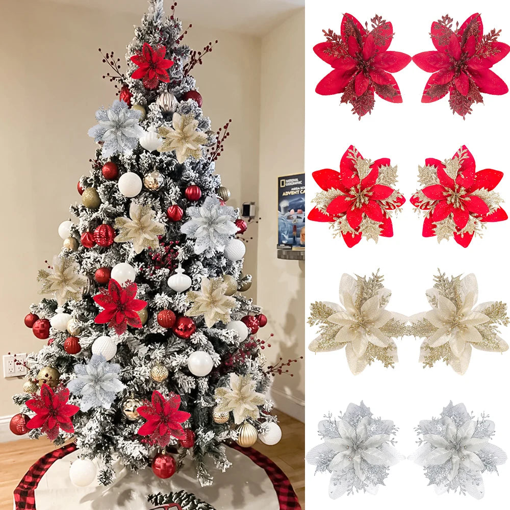5-20pcs Sparkling Red Golden Silver Poinsettia Artificial Flowers Christmas Tree Ornaments for Xmas New Year party Decoration