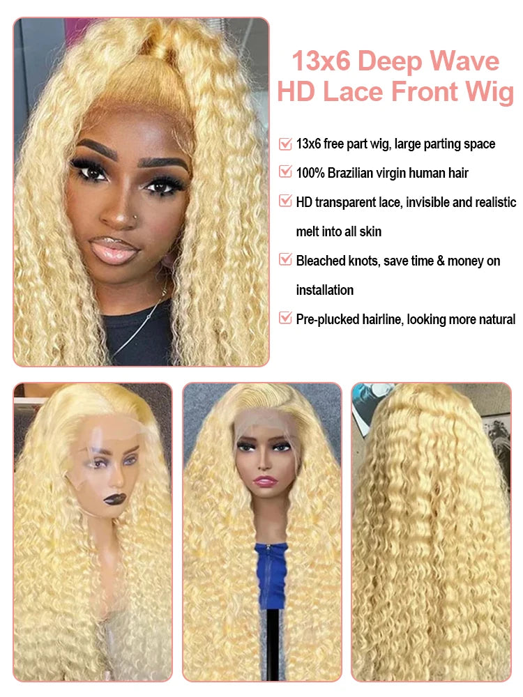 40 Inch Honey Blonde 613 HD Lace Frontal Wig 13x6 Curly Wigs Preplucked Loose Deep Wave Wigs Human Hair 13x4 Lace Frontal Wig