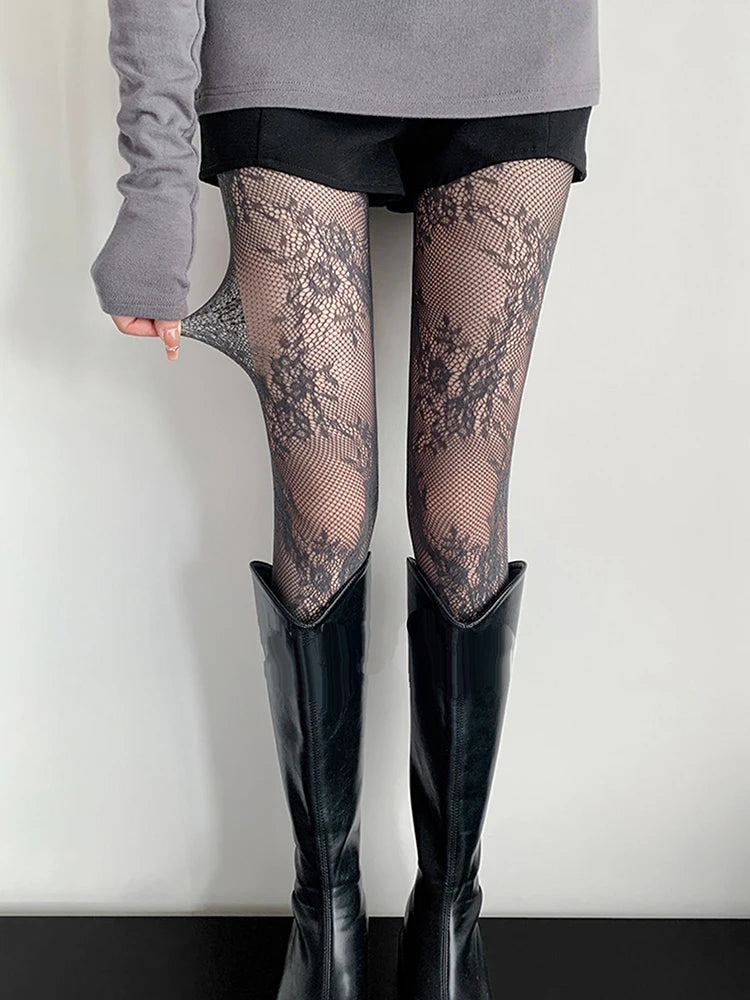 Cute Lolita Tights Women Sexy Lace Floral Thigh High Stockings Pantyhose Lingerie Hosiery Mesh Fishnet Stockings Women Tights