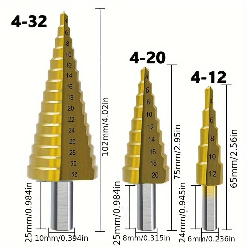 6pcs/set Step Drill Bit Set, 4-32mm Woodworking Hole Cutter, Titanium Coated High-Speed Steel, Includes 3mm/6mm/8mm Sawtooth Bit