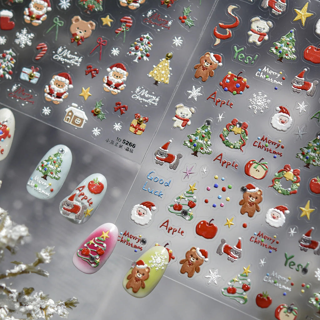Christmas Nail Stickers Luxury Crystal Diamond Cartoon Bear Tree Apple Back Glue Nail Art Stickers DIY New 3D Nails Decorations