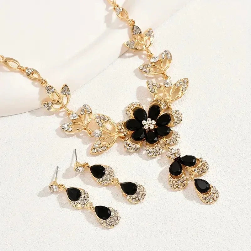 3 Pcs Fashion Jewelry Set Luxurious Rhinestone Crystal Flower Earrings Elegant Women's Banquet Wedding Accessories Necklace Set