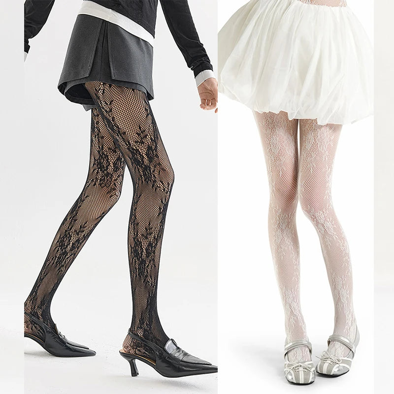 Cute Lolita Tights Women Sexy Lace Floral Thigh High Stockings Pantyhose Lingerie Hosiery Mesh Fishnet Stockings Women Tights