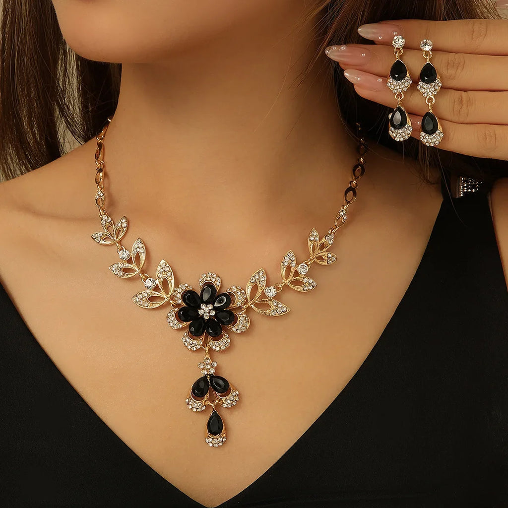 3 Pcs Fashion Jewelry Set Luxurious Rhinestone Crystal Flower Earrings Elegant Women's Banquet Wedding Accessories Necklace Set