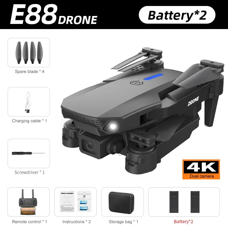 KBDFA 2024 New E88 Pro WIFI FPV Drone Wide Angle HD 4K Camera Height Hold RC Foldable Quadcopter Dron Helicopter Toys Gift