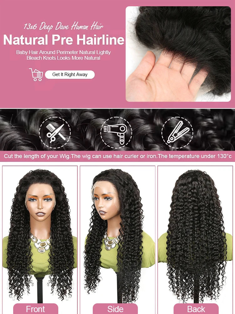 300% Density 40 50 Inches Deep Wave Frontal Wig 13x4 13x6 HD Curly Lace Front Human Hair Wigs Brazilian 7x5 Wear Go Glueless Wig