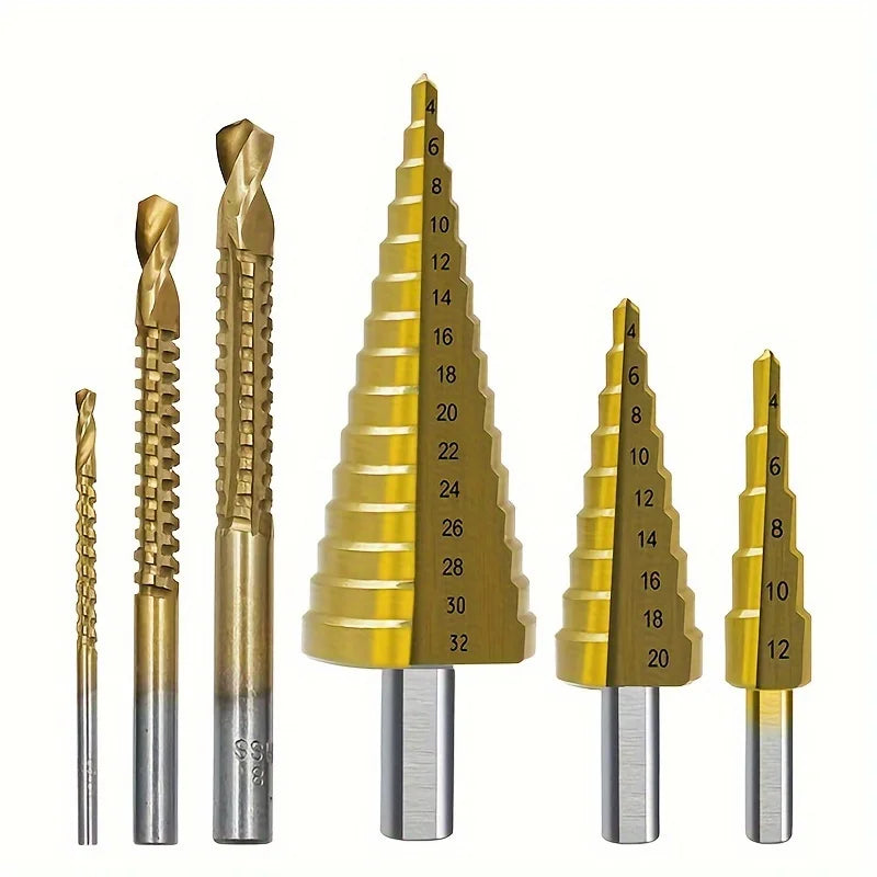 6pcs/set Step Drill Bit Set, 4-32mm Woodworking Hole Cutter, Titanium Coated High-Speed Steel, Includes 3mm/6mm/8mm Sawtooth Bit