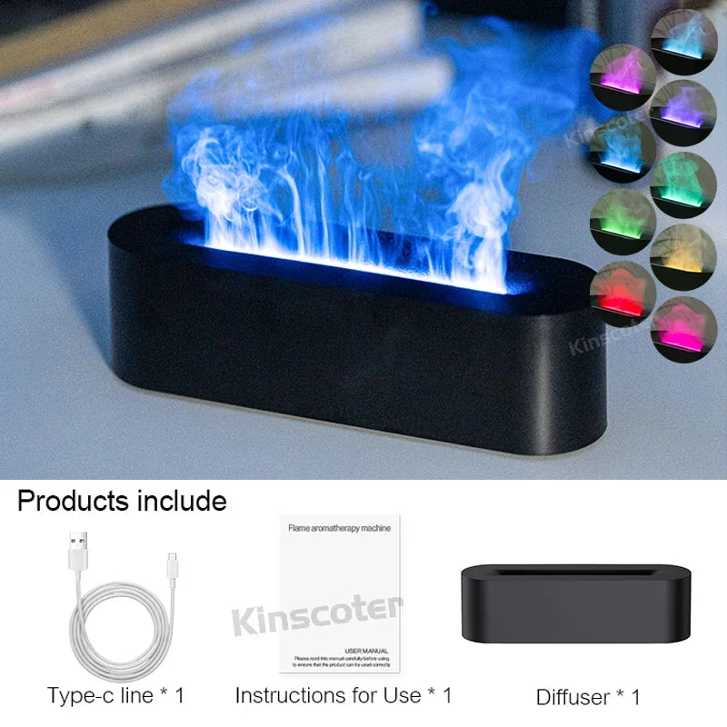 Essential Oil Aroma Diffuser, Flame Air Humidifier, Ultrasonic Fresh Mist, Diffuser with Realistic Fire RGB, Night Light